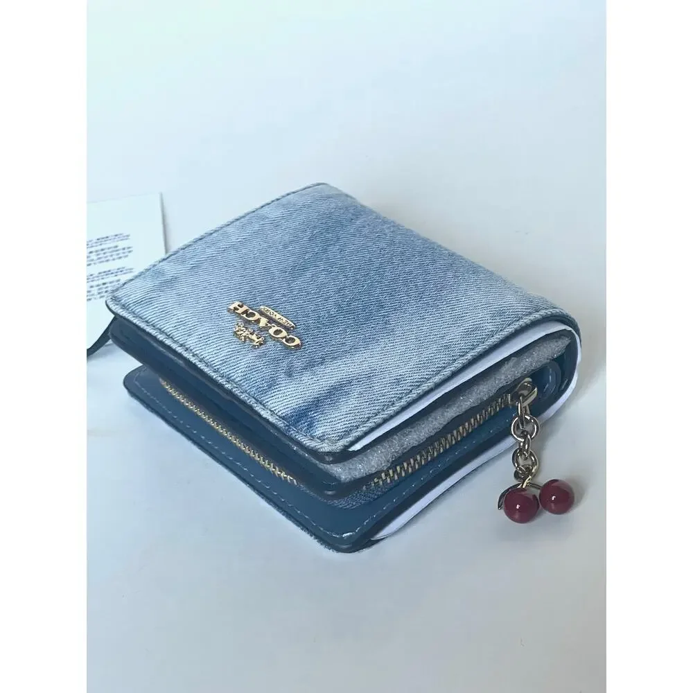 Coach Snap Wallet CEC35 Loved Denim Light Indigo Cherry Charm
